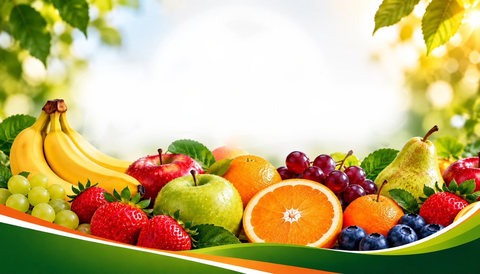 Bananen, appels, sinaasappels, druiven, peren, aardbeien en blauwe bessen naast elkaar